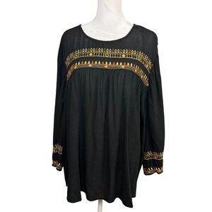J Jill XL Gauze Black Embroidered Peasant Top Bell Sleeves Boho Southwestern